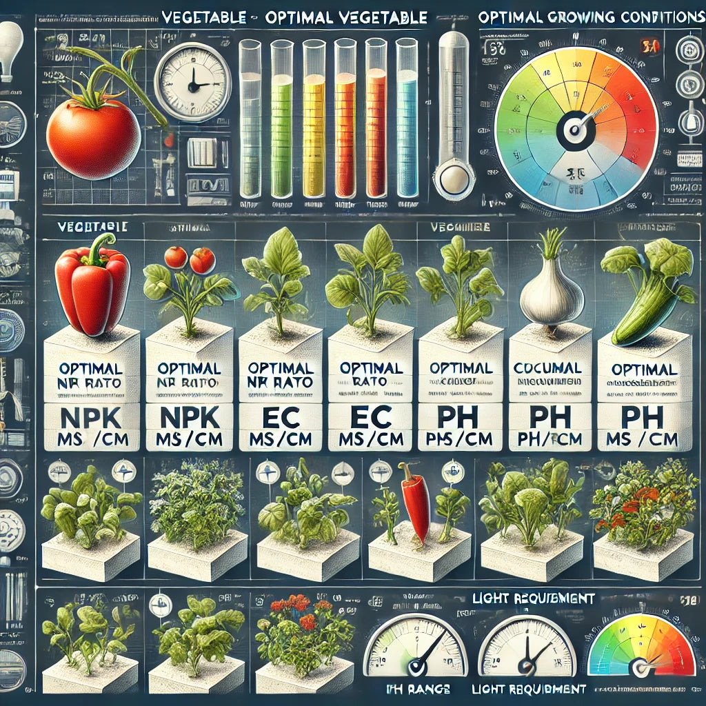 Optimal NPK ratios, Electrical Conductivity (EC), and pH levels for gr